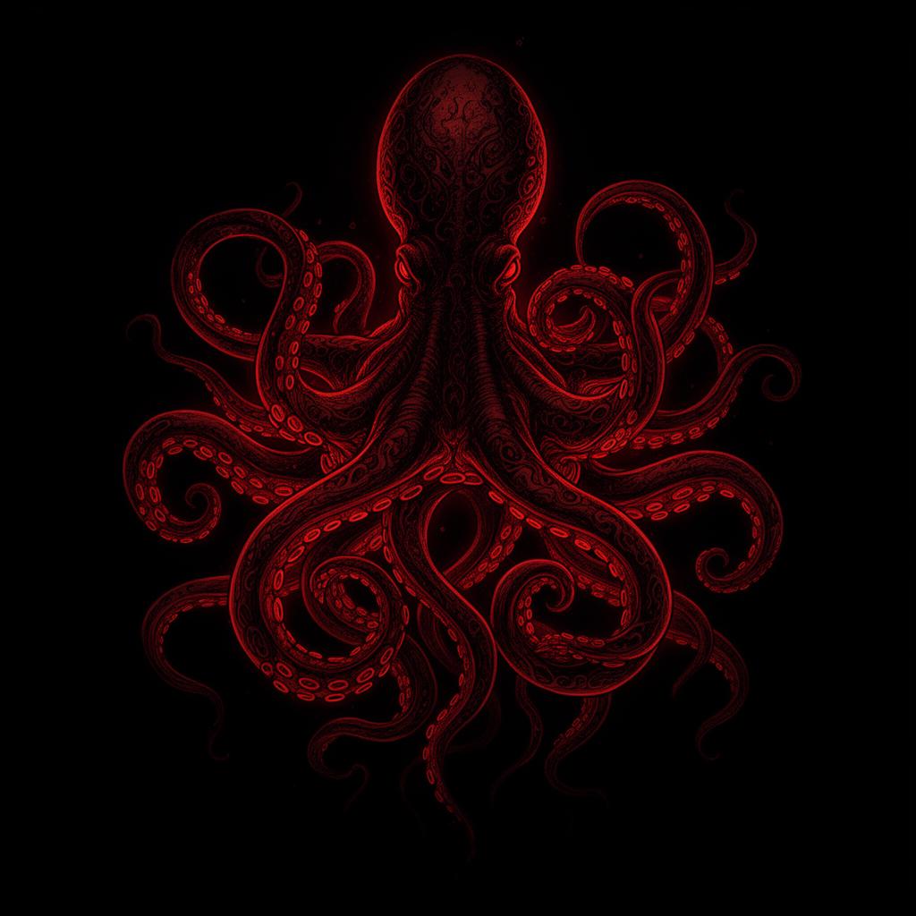 Glowing red kraken rising from the abyss