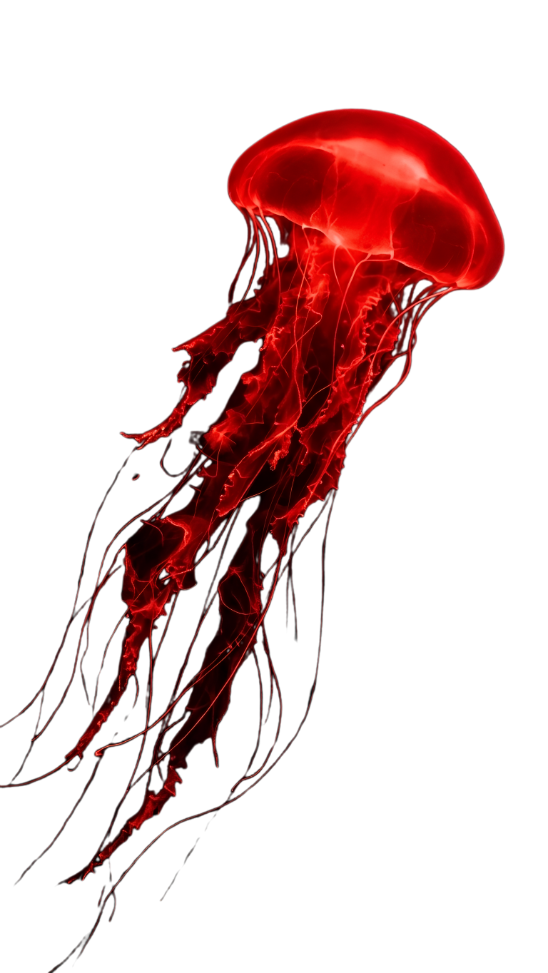Glowing red jellyfish drifting in the deep