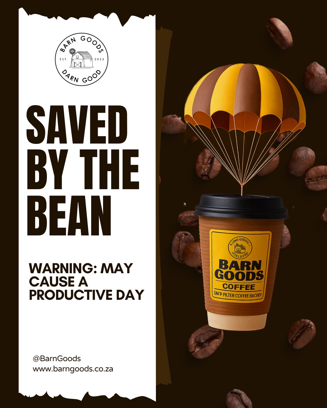 Barn Goods coffee social media ad with a parachuting coffee cup and floating coffee beans