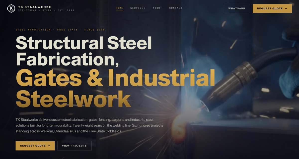 TK Staalwerke industrial website hero section with welding imagery and quote request call to action